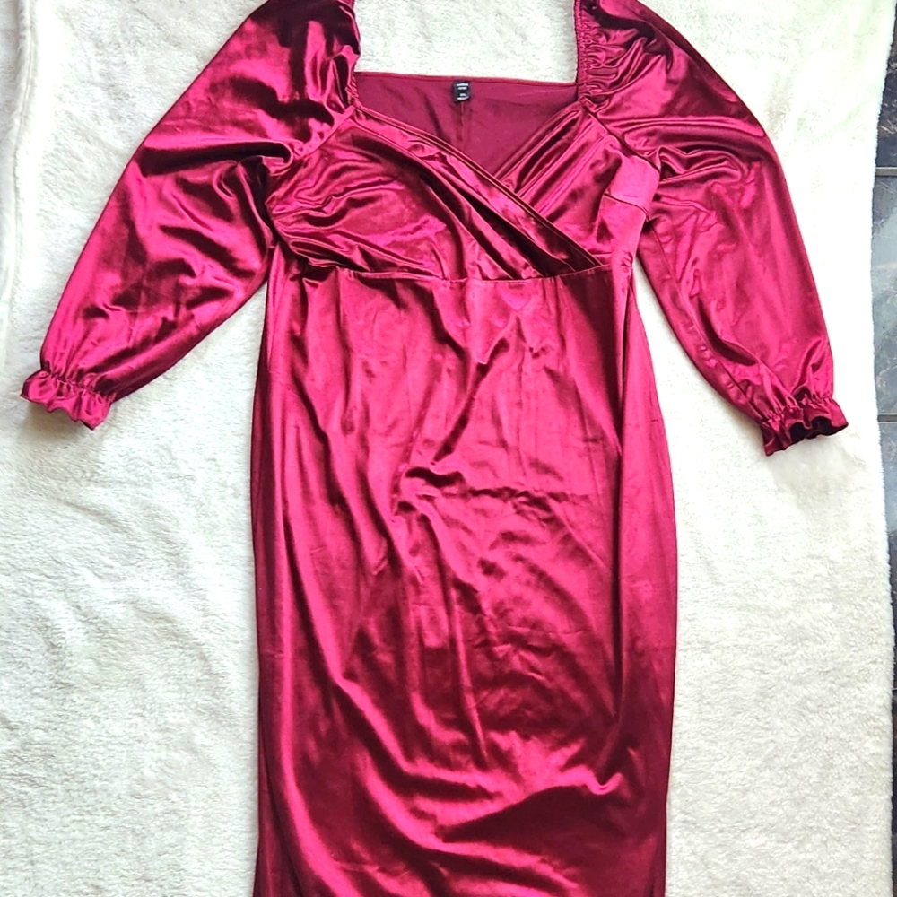 Burgundy Satin Shein Midi Dress